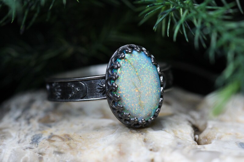 Opal Ring * Solid Sterling Silver Ring* Celestial Pattern Band * Full Moon * 14x10mm* Monarch Opal *  Any Size